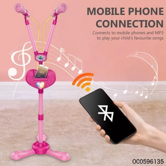 Micro Enfant sur Pied Karaoké Enfants , karaoké microphone bluetooth Avec effet d'éclairage musical, avec deux microphones rose 3-2
