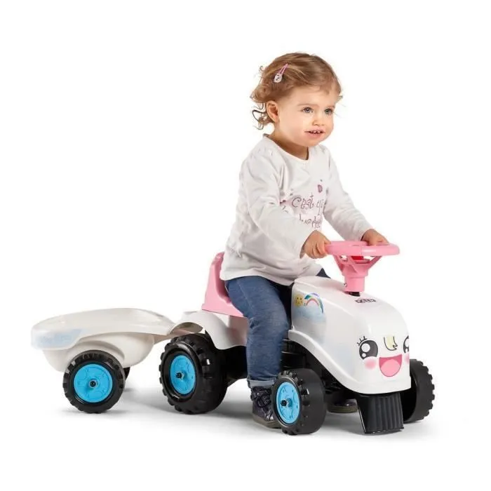 Porteur Tracteur Rainbow Farm avec remorque - FALK - Pour filles dès 1 an - Formes rondes et couleurs pastels-1