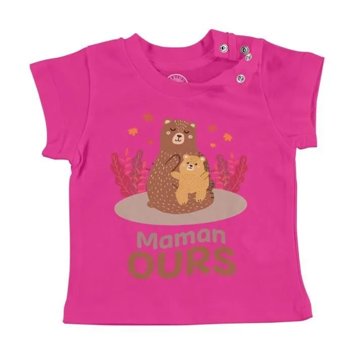 T-shirt Bébé Manche Courte Rose Maman Ours Dessin Illustration Ourson-0