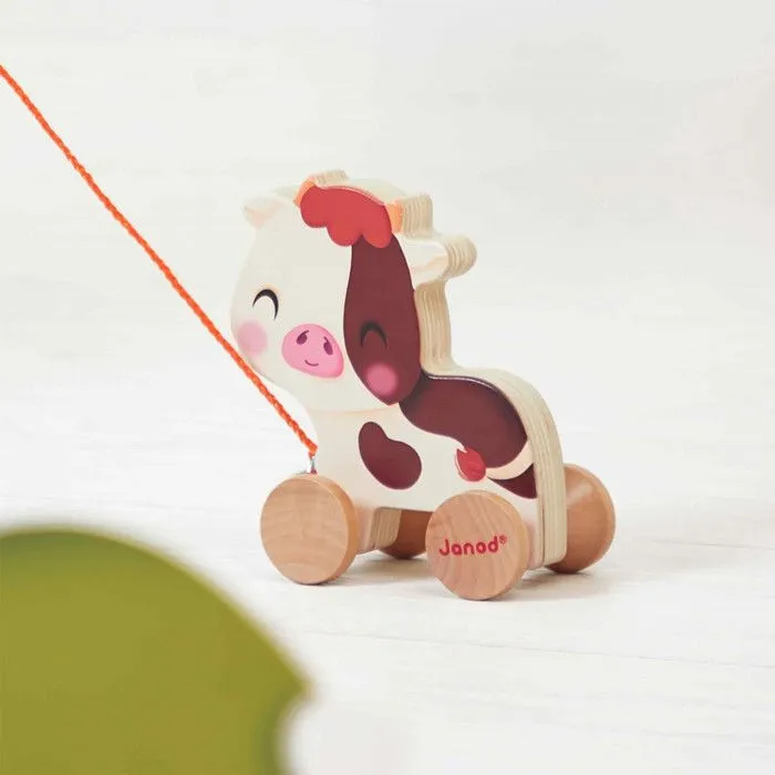 Vache à Promener - Janod - Jouet en Bois - Clochette - Dès 12 mois - Certifié FSC-3