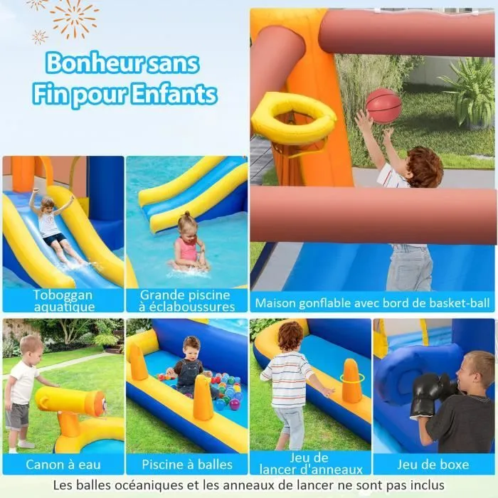 COSTWAY Château Gonflable 7 en 1-Parc Toboggan Aquatique pour Enfants, avec Piscine et Canon à Eau, Jeu de Boxe, 578 x 408 x 250 cm-2