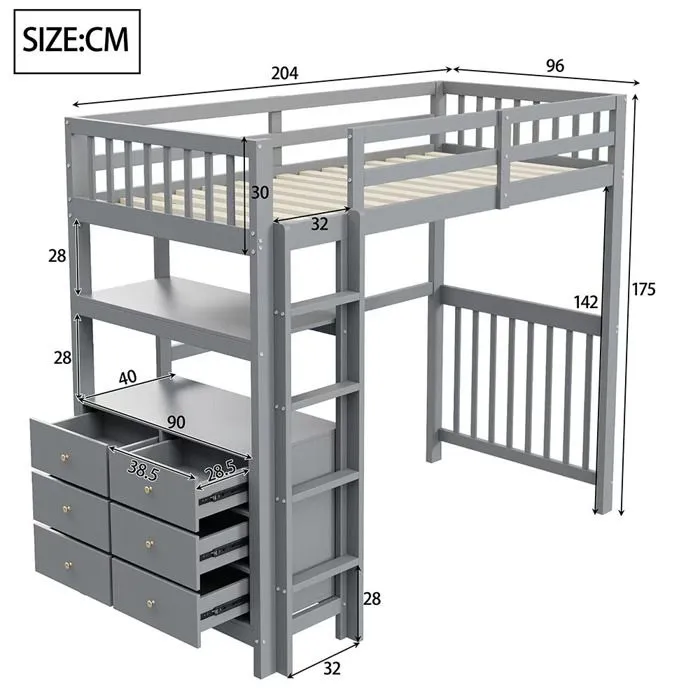Gutent Lit mezzanine 90x200cm, Échelle de sécurité, Tiroirs et étagères, Lit simple,Gris-2