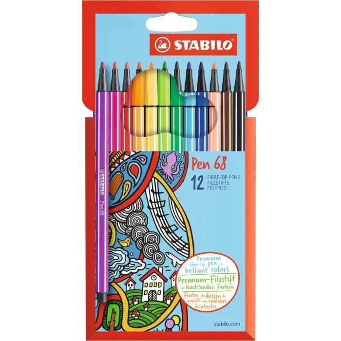 Feutres de coloriage - STABILO - Pen 68 - 12 couleurs - Pointe ogive 1 mm - Encre à base d'eau-0