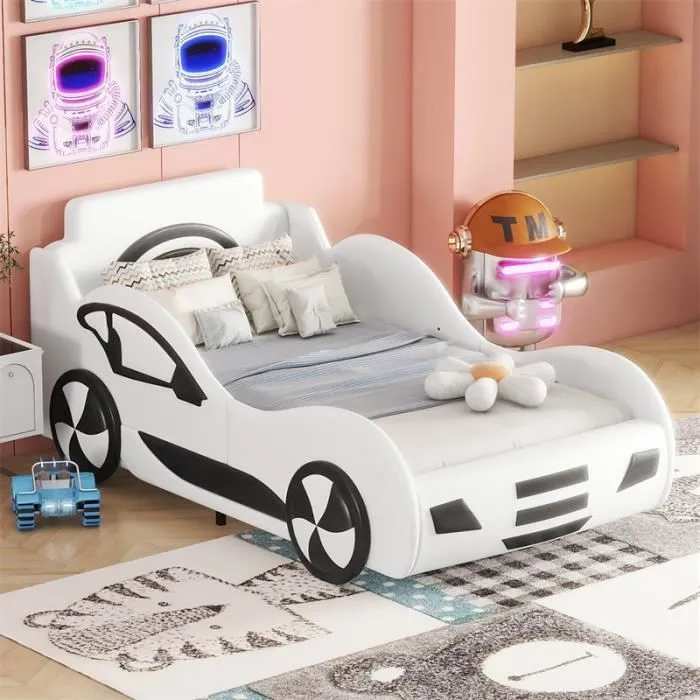 Lit coffre voiture pour enfant - Blanc - 90x200cm - Avec sommier à lattes - Espace de rangement - 1 place-1