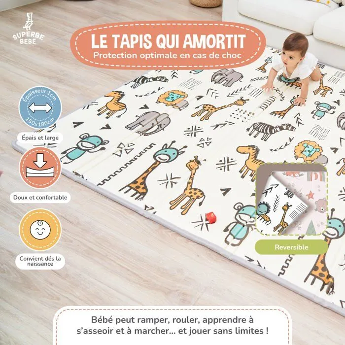Tapis de Jeu pour Enfant Bebe 150x180x1cm Tapis de Sol XXL en Mousse Epais Pliable Reversible - Tapis d'éveil pour Bébé - Tapis d-1