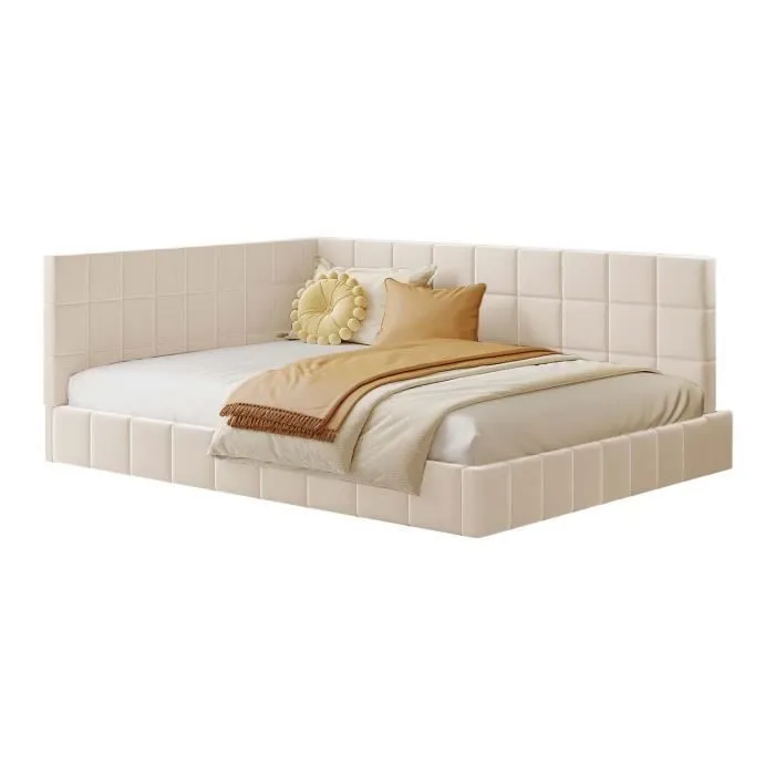 ModernLuxe lit adulte 140x200cm, avec sommier à lattes, tissu en velours, beige-1