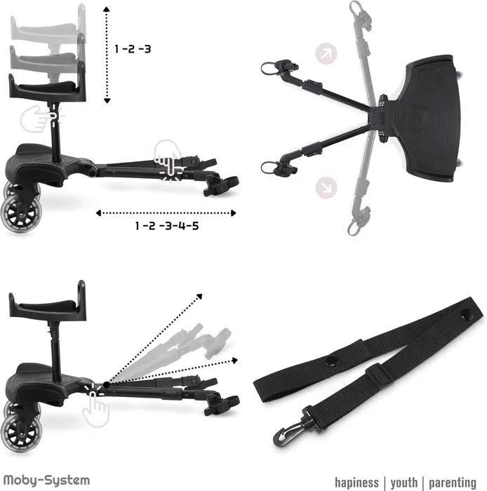 Moby Système Planche à Roulette Poussette Universelle- Siège réglable- Roues rembourrées à 360°- 2 à 5 ans- BUGGY- Siège d'appoint-4
