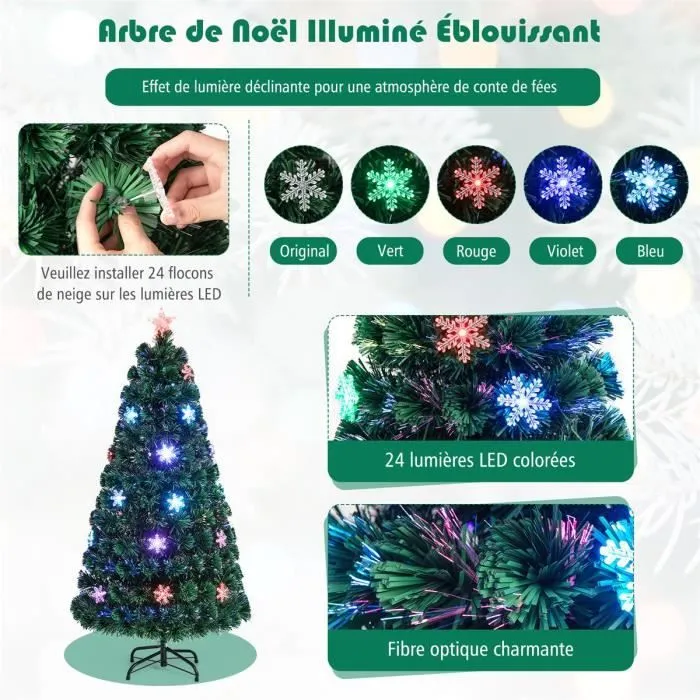 COSTWAY Sapin de Noël Artificiel LED Lumineux 150CM Fibre Optique Couleur Lumière Variable avec Etoile de Cime Décoration de Neige-1