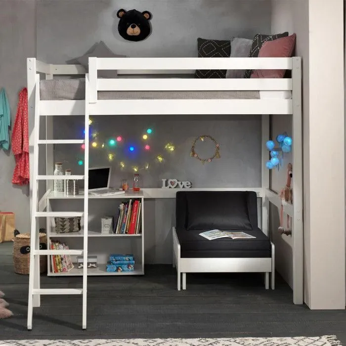 Pack - Lit Superposé & Mezzanine & Mezzanine Enfant, Bibliothèque & Fauteuil-Lit "Pino" Blanc-1