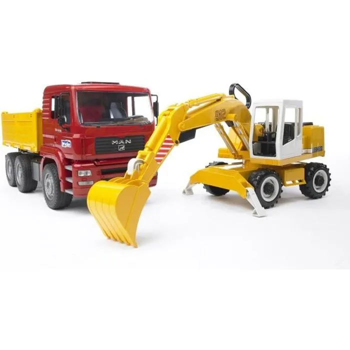 Camion Benne MAN avec Pelleteuse Liebherr - BRUDER - 144565 - Jaune - Pour Enfant à partir de 3 ans-0