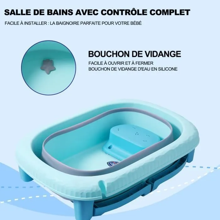 Grande baignoire pliable ultra compact kikido, baignoire enfant en plastique avec bouchon de vidange, pieds pliable-bleu-2
