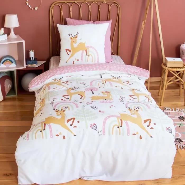 Parure de lit 140x200 cm enfant réversible- Housse de Couette + 1 Taie d'oreiller motif biche et feuillage rose et blanc– microfibre-0