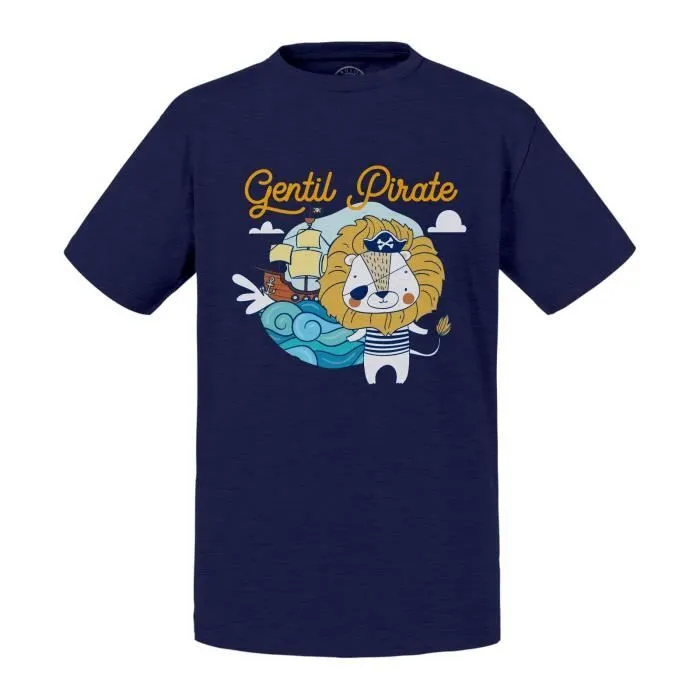 T-shirt Enfant Bleu Lion Gentil Pirate Dessin Illustration Capitaine-0