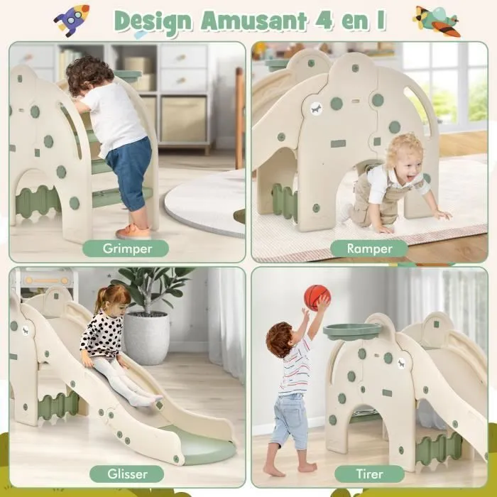 Toboggan 4 en 1 COSTWAY avec Panier de Basket, Ball, Escalade et pompe à ball - Jeu Intérieur-Extérieur Enfant dès 18 Mois Vert-1