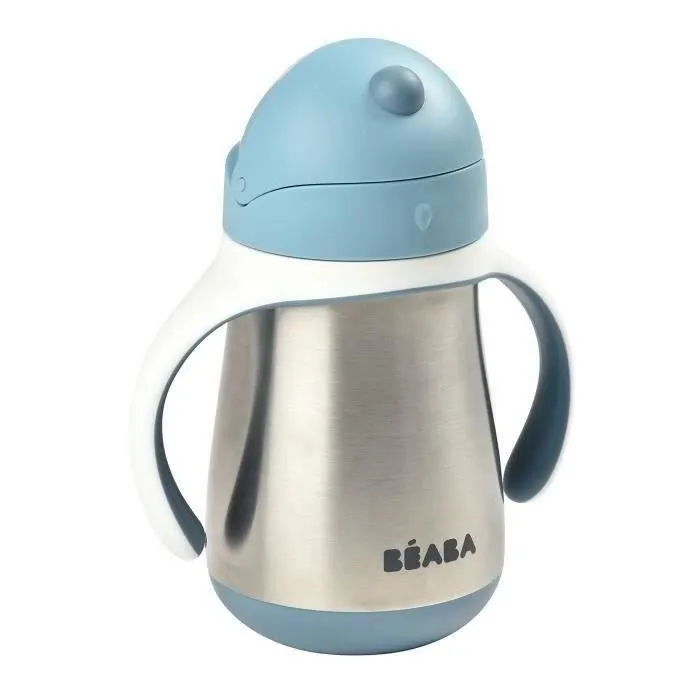 BEABA, Biberon/Tasse d'apprentissage /Gourde Bébé 2 en 1 Inox, Tasse Paille Enfant, 100% étanche, Anti-fuite, 250ml, Bleu-0
