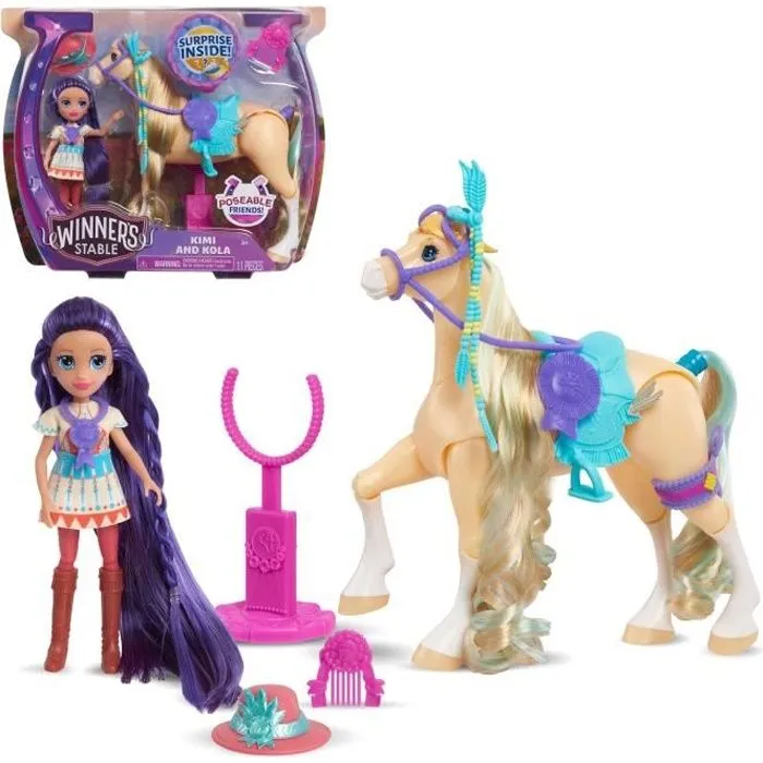Winners Stable, Coffret Cheval articulé et Poupée avec accessoires, 11 pièces, Modèle Kimi & Kola-0