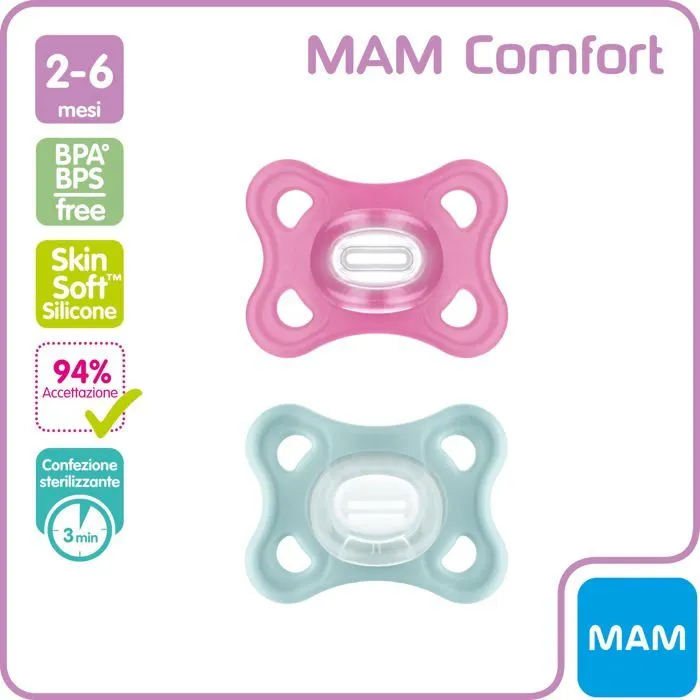 Sucette Mam Comfort Sucette en lot de 2, 100% Silicone, avec etui porte-tetine, 2-6 mois, rose et gris-vert-1
