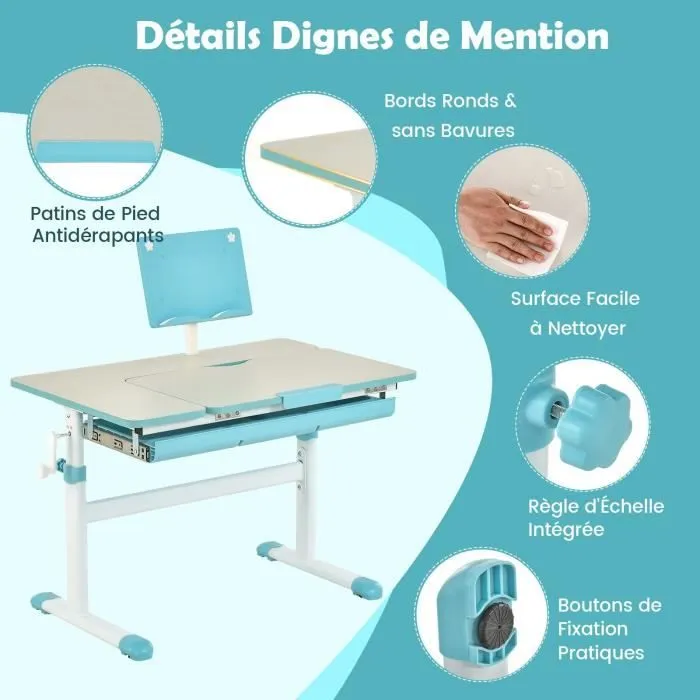COSTWAY Bureau pour Enfant 3-12 ans - Réglable en Hauteur 51-73 cm & Plateau Inclinable 0-60°- avec Support de Livre & Tiroir, Bleu-1