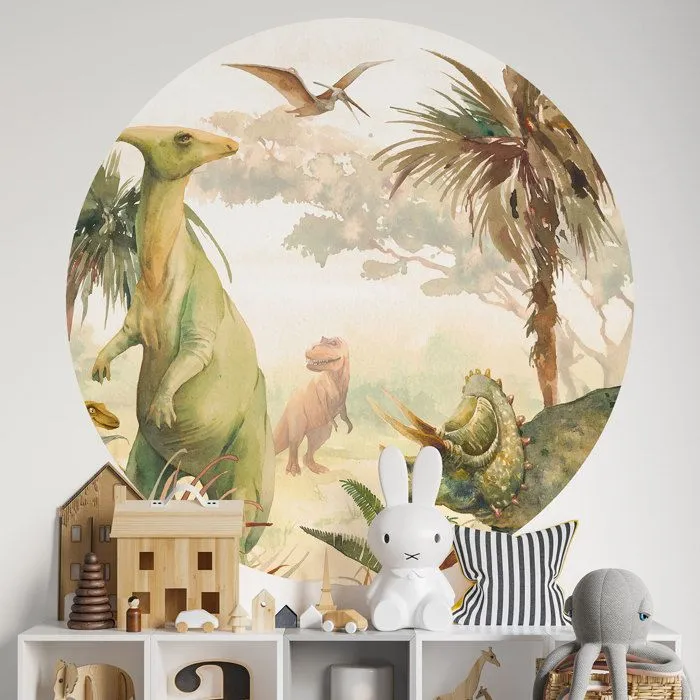 Sticker mural rond - Dinosaures - Adhésif BRILLANT - Diamètre 140 cm - Vinyle - Enfants-0