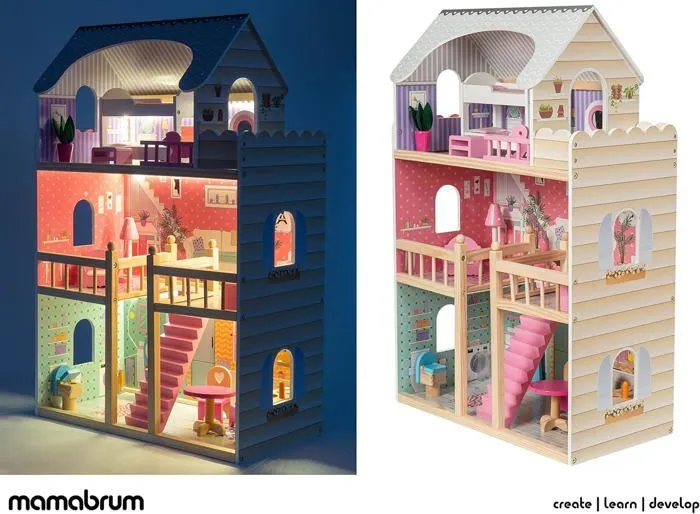 Mamabrum Maison de Poupées en Bois, 60 x 30 x 90 cm Éclairage LED 3 Étages Terrasse & Accessoires -Peinture écologique Normes CE-2