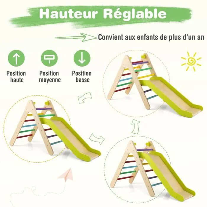 COSTWAY Toboggan 2 en 1 avec Triangle d'Escalade en Bois, Pente de Toboggan Réglable, pour Enfant 1 An +-1