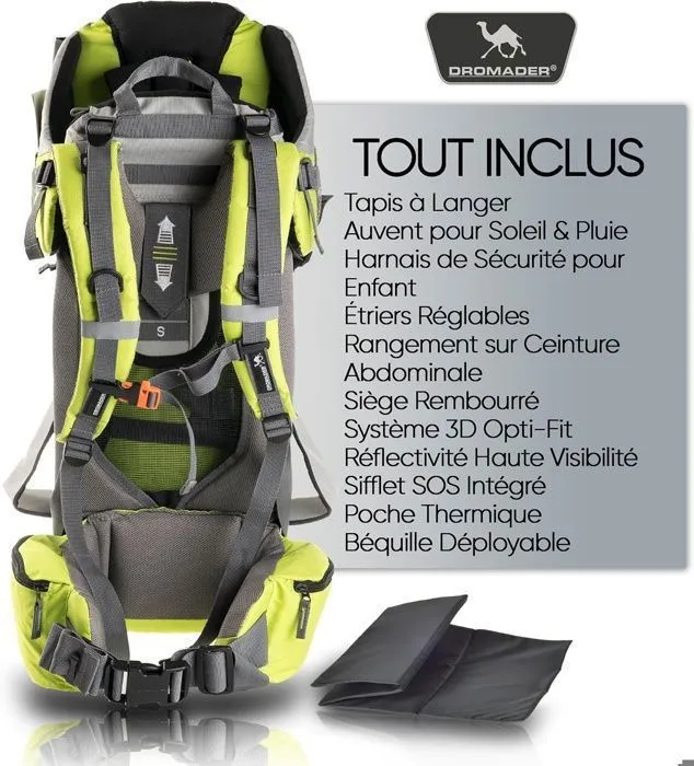 Bebeboutik DROMADER Porte Bebe Randonnee Confortable jusqu a 22kg Sac a Dos avec Poche Isolante Pare Soleil Pluie Vert