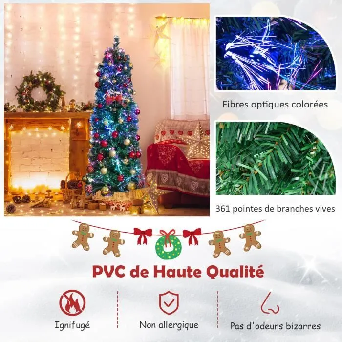 COSTWAY Sapin de Noël Artificiel 150 cm avec Fibre Optique Colorées 361 Branches PVC Forme de Crayon Décoration de Noël pour Maison-1
