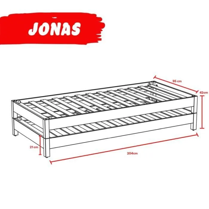 Lit empilable JONAS 90x200 (lot de deux lits)+ 2 sommiers / Naturel 204x95x42-3