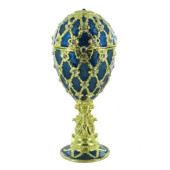 Oeuf écrin musical de style Fabergé avec dorures et fausses perles. Oeuf musical bleu pour Pâques - Le Beau Danube Bleu (Strauss)-0