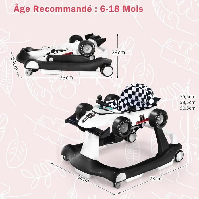 COSTWAY Trotteur Bébé Pliable Musical 4 en 1 Apparence de Voiture Pousseur Hauteur et Vitesse Réglables avec Lumière Volant Blanc-5