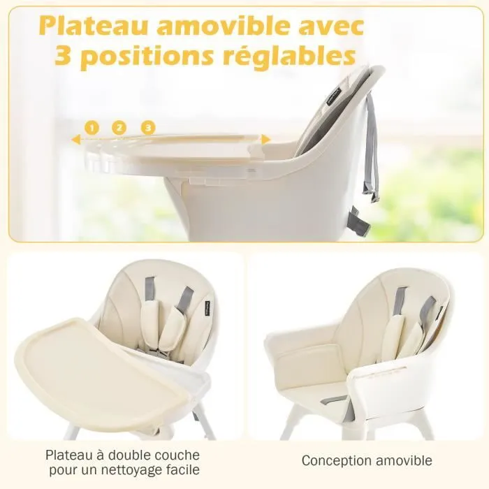 COSTWAY Chaise Haute Bébé Evolutif Table et Chaise Enfant Plateau Double Face Hauteur Réglable Panier Rangement 6 Mois 25kg Beige-3
