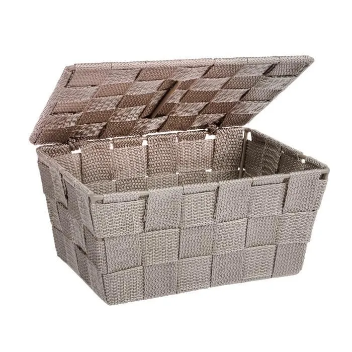 WENKO Panier de rangement Salle de bain avec couvercle Adria, petite boite de rangement, Polypropylène, 19x14x10 cm, taupe-0