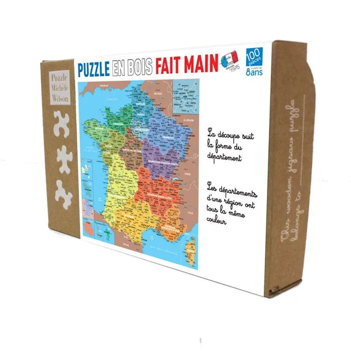 Puzzle en bois Fait Main 100 pièces : Carte de France des départements aille Unique Coloris Unique-2