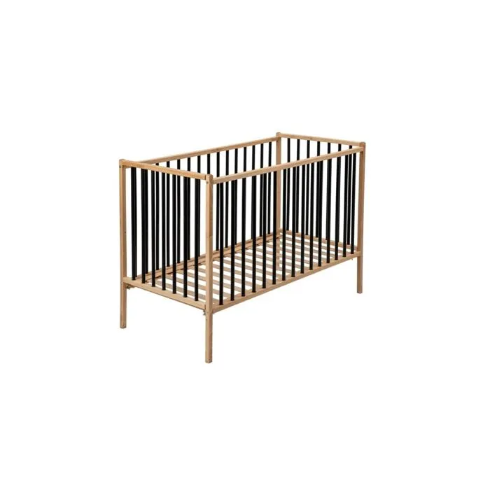 Lit bébé évolutif Combelle - Rémi en bois bicolore noir - 60x120cm - plancher réglable et roulettes-0