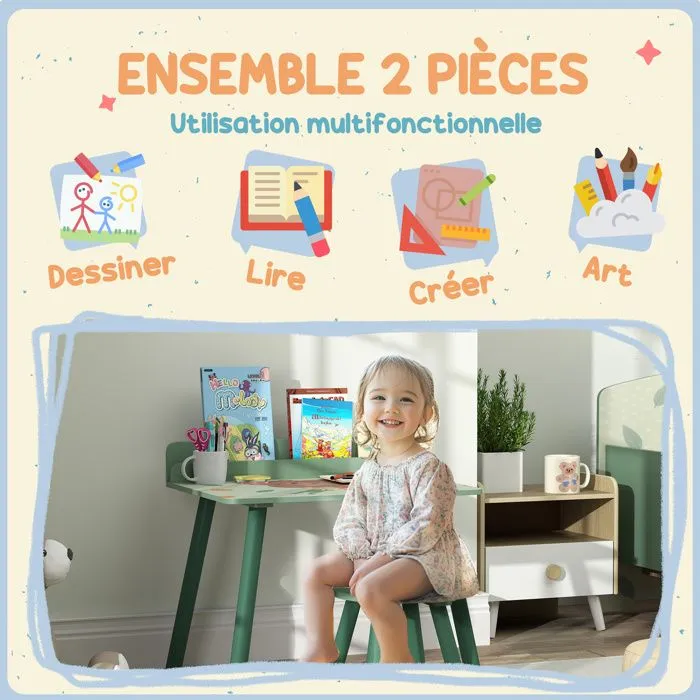 Ensemble table et chaise enfant - AIYAPLAY - avec porte-livres - motifs d'ours - pour enfants 3-8 ans - pour chambre, salon - vert-4