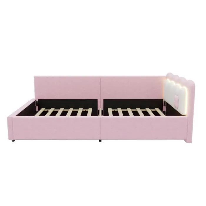 Canapé-lit enfant - Imitation polaire - 90x200cm - Velours rose - LED avec télécommande - 1 place-2