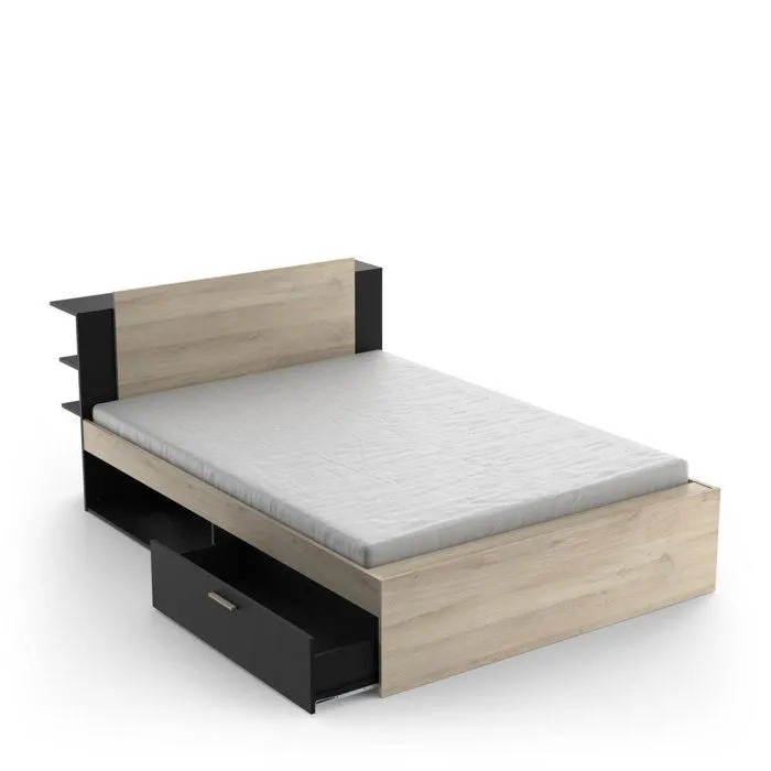 CALICOSY - Lit en 140x190/200 cm 2 tiroirs et 2 niches - L144,7 cm - Noir/bois-Noir/bois-3