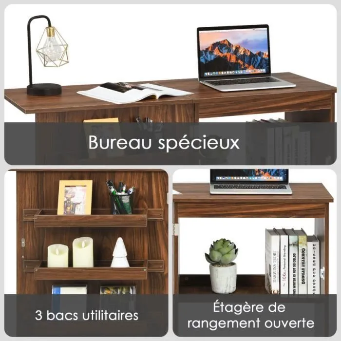 COSTWAY Table de Bureau Couture Pliante -3 Bacs et 1 Etagère de Rangement - Roulettes Verrouillables pour Salon, Studio en Bois-2