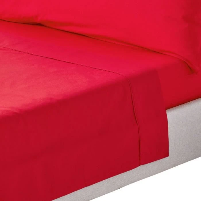 Drap plat uni 100% coton égyptien 200 fils coloris rouge 270 x 300 cm-0