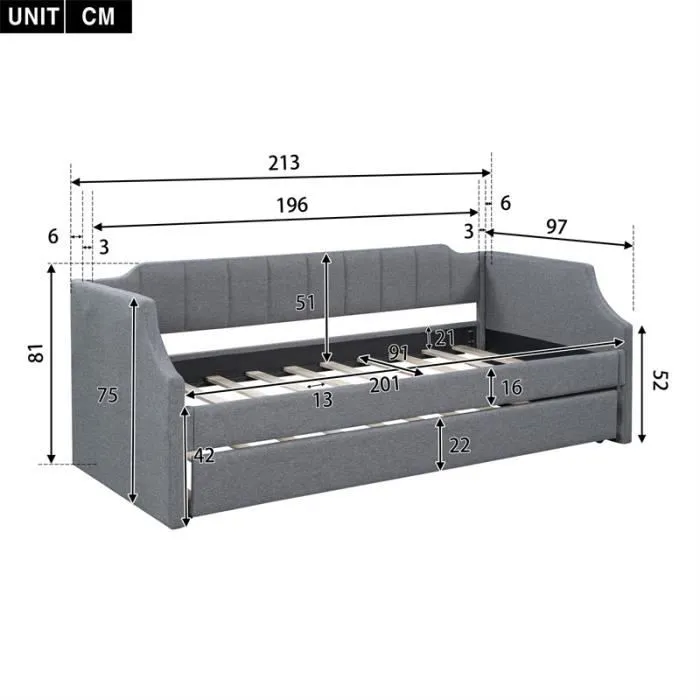 Lit gigogne 90x200cm-180x190cm, lit simple rembourré à roulettes Canapé-lit extensible avec sommiers à lattes en bois - Gris-3