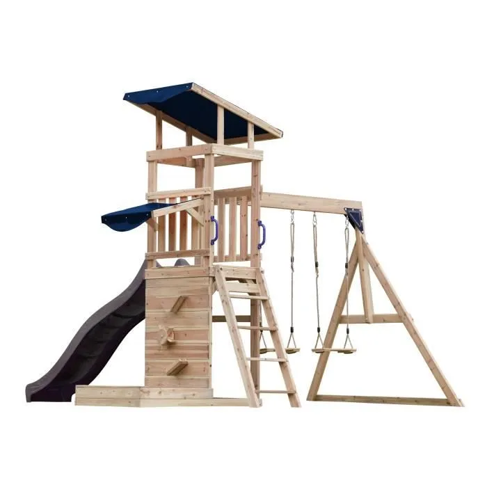AXI Malik Aire de Jeux en Bois avec 2 Balançoires, Toboggan Gris/ Aire de Jeux Extérieur avec Bac à Sable et Mûr de Jeux/Toboggan-3