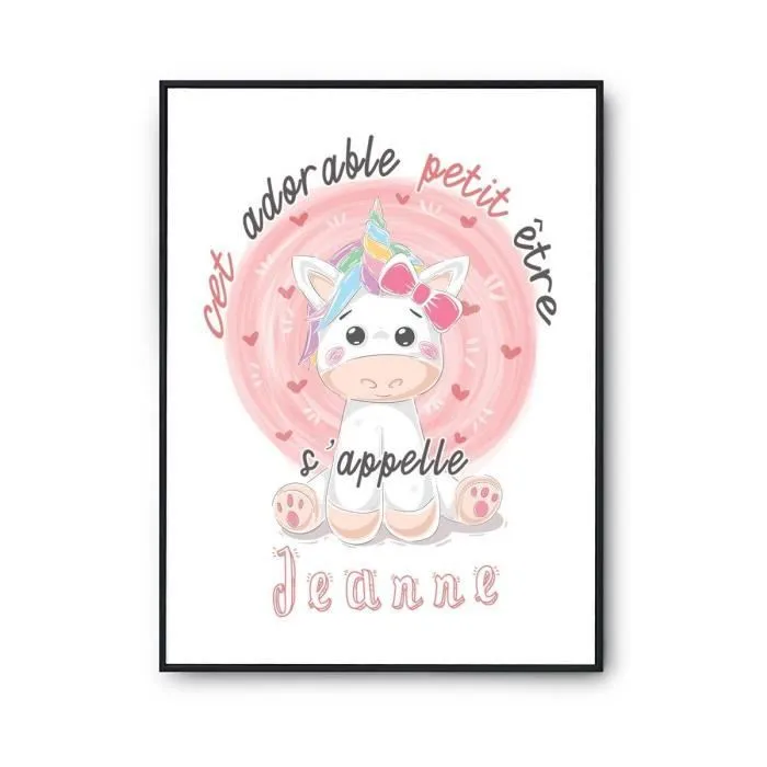 Affiche bébé prénom Jeanne Licorne | Poster pour chambre bébé et enfant pour décoration murale qualité papier Premium A4-0