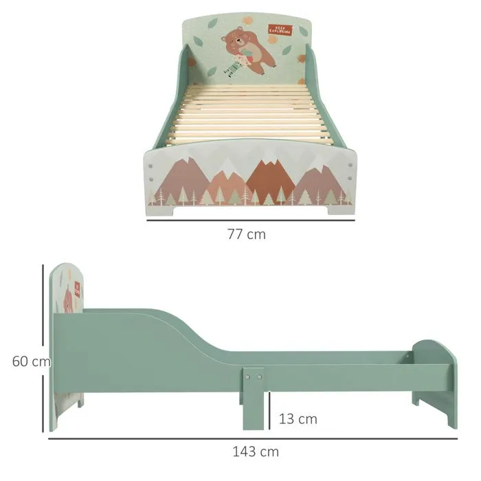 Lit pour enfant ZONEKIZ 3-6 ans avec barrières de sécurité et motifs dim. 77 x 143 x 60 cm sommier à lattes inclus - Vert-3