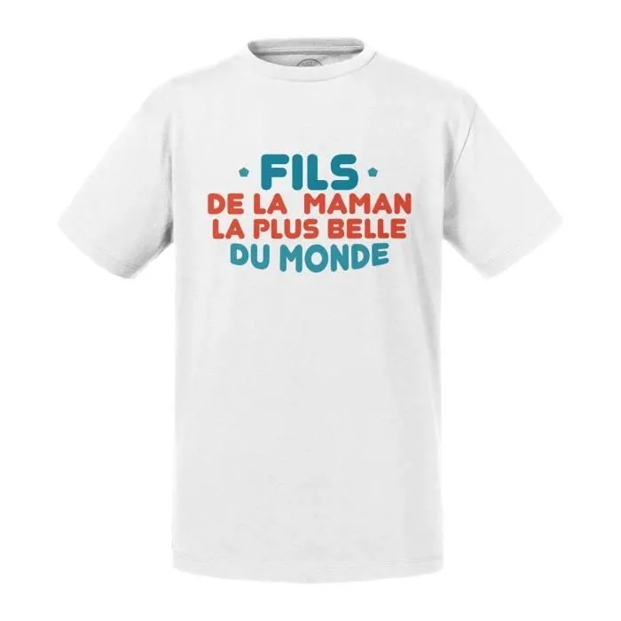 T-shirt Enfant Blanc Fils de la Maman la plus belle du Monde Mère Famille-0