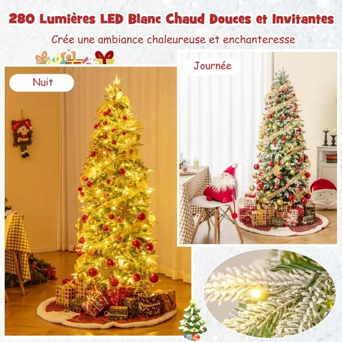 Sapin de Noël Artificiel Floqué de Neige 190CM COSTWAY-280 Lumières LED Blanc Chaud-671 Pointes-60 Pommes de Pin-Forme de Crayon-1