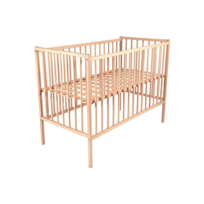 Lit bébé évolutif en bois brut naturel 70x140cm - Combelle - Rémi avec plancher réglable et roulettes-1