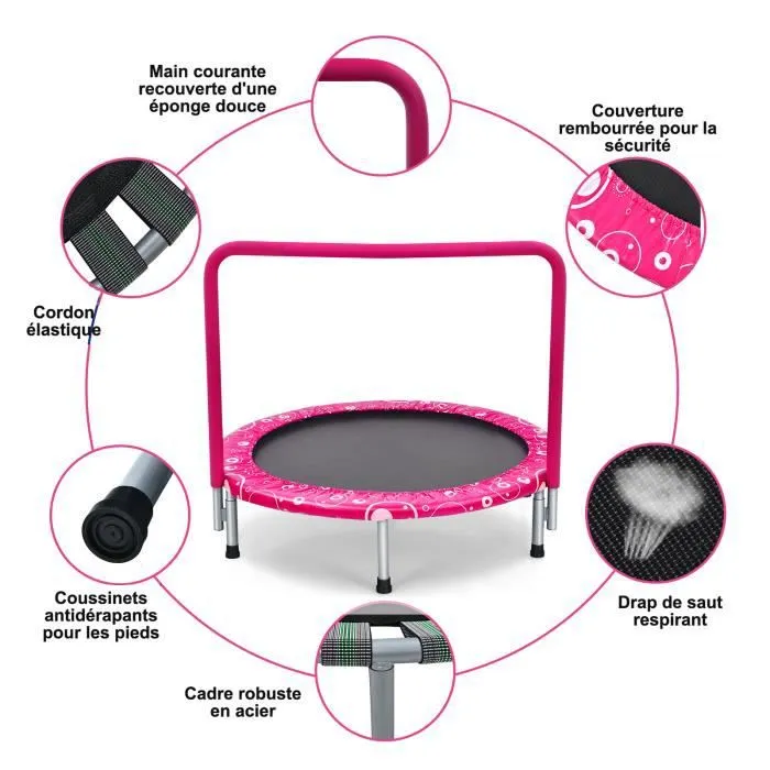 COSTWAY Trampoline Enfants Pliable Ø92cm Housse de Sécurité Matelassée,Poignée Recouverte 30 Cordes Elastiques Intérieur 150 KG Rose-2