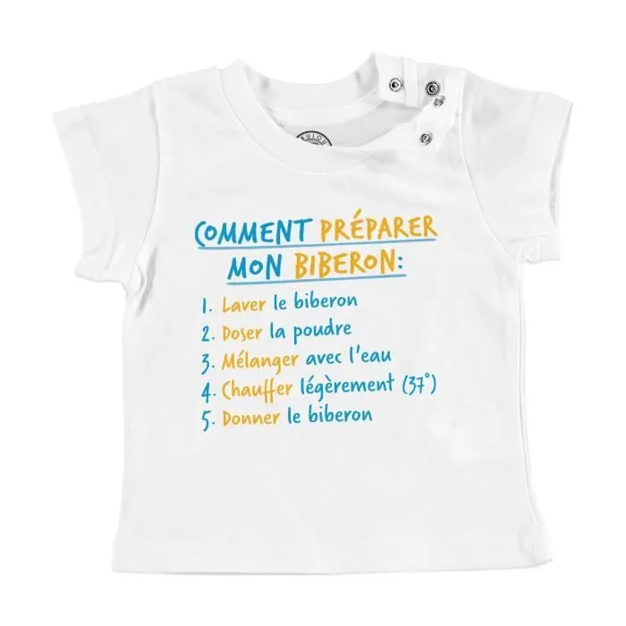 T-shirt Bébé Manche Courte Blanc Comment Préparer un Biberon Papa Maman Blague-0