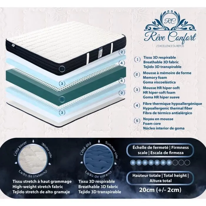 Matelas 140x190 cm - REVE CONFORT - Memory Gold - Mousse à mémoire de forme - Ferme-3