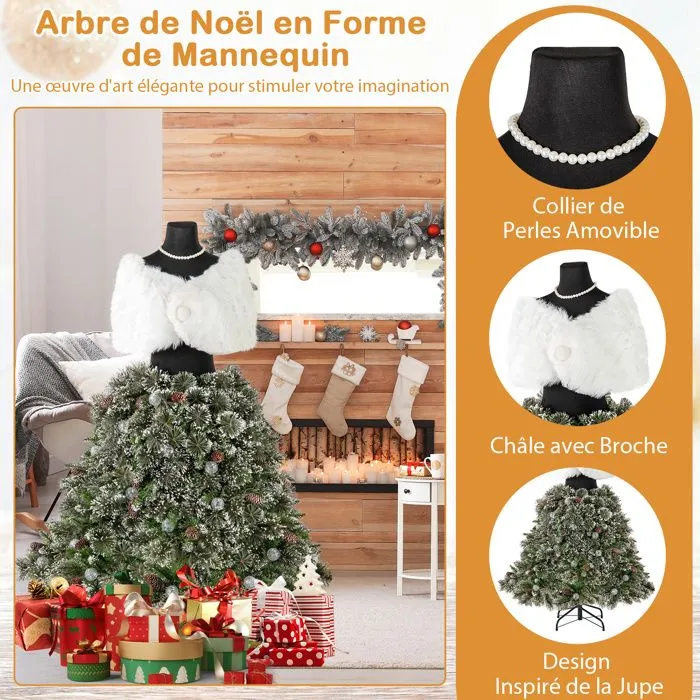 Sapin de Noël Artificiel 150 cm COSTWAY-Châle Blanc,Broche et Collier-Design Jupe de Mannequin-50 Boules LED, 36 Pommes de Pin-1